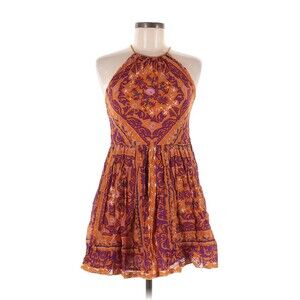 Ecote Womens 6 Casual Dress Halt Paisley Orange Boho Short Sleeveless Fit Flare